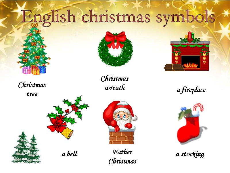 English christmas symbols Father Christmas а stocking а bell а fireplace Christmas wreath Christmas